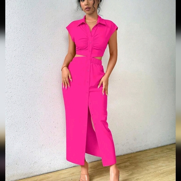Summer Casual Solid Color V-Neck Waist-Revealing Button-Front Shirt Dress - Picture 4 of 4